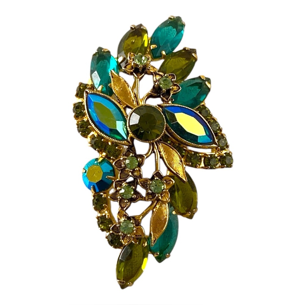 Vintage Green Blue Rhinestone Floral Brooch Gold Tone Leaf Spray Pin